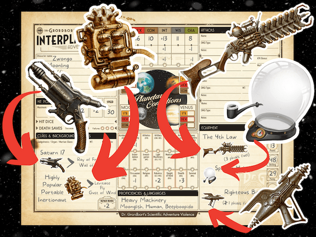 Dr. Grordbort’s Equipment Stickers for Character Sheets - Exalted Funeral